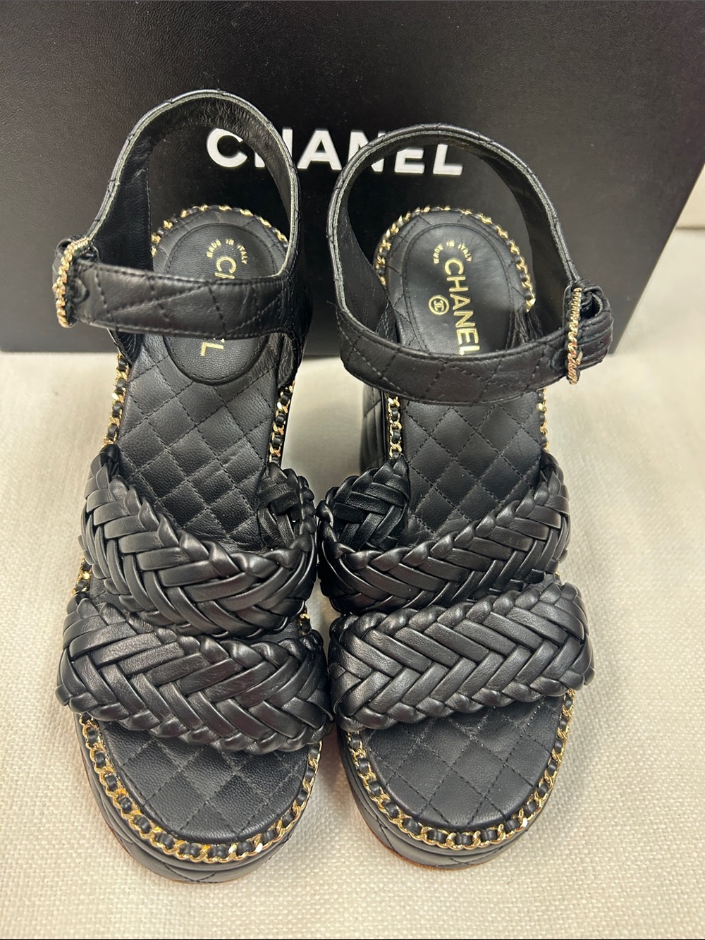 CHANEL Black Braided Leather Platform Sandals with Gold-Trim Chain size 35